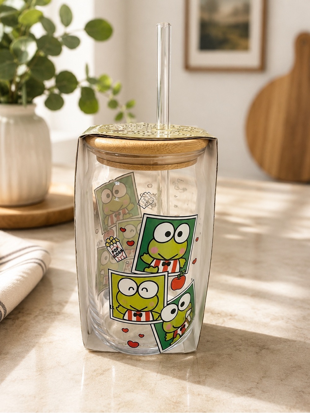 Sanrio Keropi Glass Tumbler with Straw and Lid